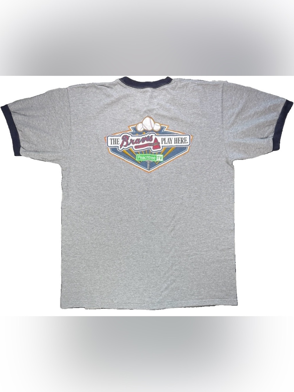 Vintage Atlanta Braves Peachtree TV Ringer T Shirt Men's XL Gray MLB Baseball